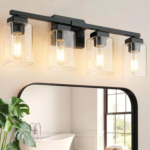 Vista 19 de Lámpara de baño de 3 luces de 19 pulgadas, moderna lámpara de tocador negra, accesorios de iluminación de baño sobre espejo, lámpara de aplique