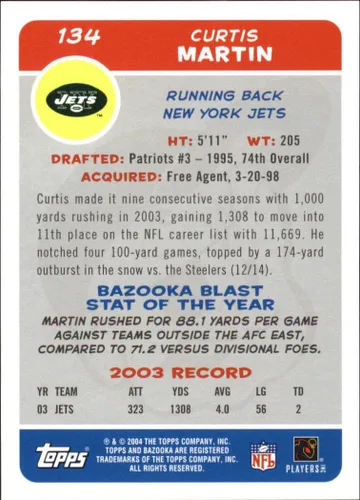 Vista 2 de 2004 Bazooka #134 Curtis Martin NFL Football Trading Card