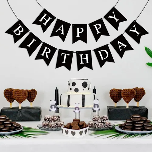 Vista 2 de Pancarta Negra de Feliz Cumpleaños Letrero Banderín Guirnalda de Feliz Cumpleaños para Niños Niña Mujer Cumpleaños Decoraciones de Fiesta de Té