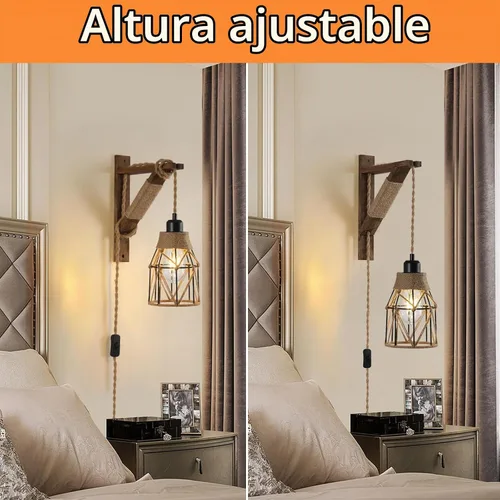 Vista 2 de Juego de 2 apliques de pared enchufables, lámparas colgantes de estilo rústico que se enchufan a la toma de pared, aplique de jaula de metal rústico