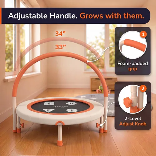 Vista 4 de Happin® 36'' Toddler Trampoline Indoor, Foldable Mini Trampoline for Kids Ages 2-6, ASTM Certified, Adjustable Handle, Safety Pad for Indoor &