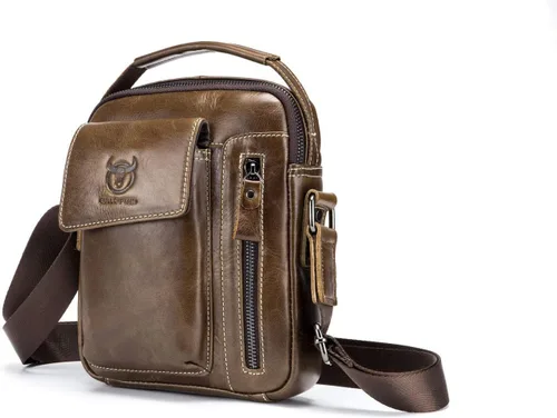 Vista 3 de BULLCAPTAIN Bolso bandolera de cuero genuino para hombre, bolso cruzado de hombro pequeño para hombre, bolso de mensajero de viaje casual para uso