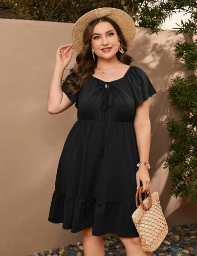 Vista 2 de ShopWonder Vestidos hawaianos de talla grande para mujer, vestido de cuello cuadrado, manga corta, casual, acampanado, vestido de verano