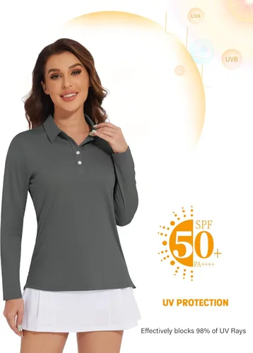 Vista 2 de MAGCOMSEN Camisetas tipo polo de manga larga para mujer, de secado rápido, protección solar UPF 50+, ligeras, atléticas, para tenis