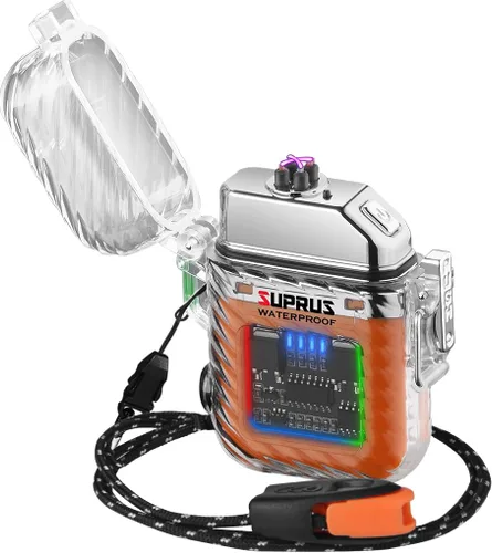 Vista 12 de SUPRUS Luminoso 3 modos de linterna resistente al viento, impermeable, encendedor eléctrico recargable de plasma de doble arco con silbato de Negro