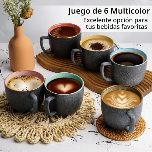 Vista 3 de MIAMIO - Juego de 6 tazas de café de gres (16 onzas) - Las Palmitas - Modern Ceramic coffee mugs for coffee, cappuccino and tea, 16 oz for