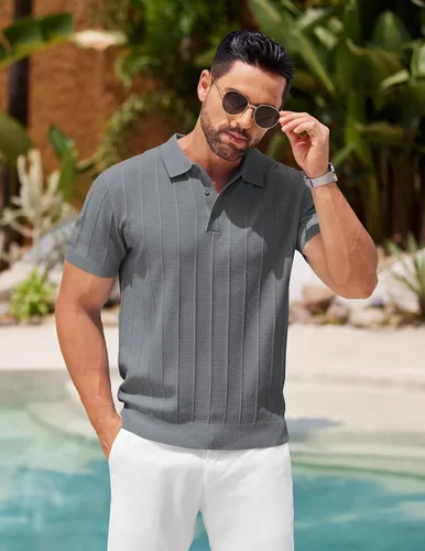 Vista 40 de COOFANDY Camisas polo de punto para hombre de manga corta con textura acanalada Camisas de golf casuales y ligeras con cuello Camiseta de polo