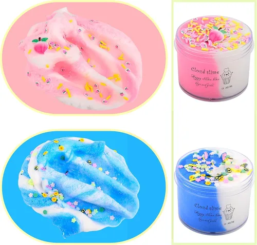 Vista 5 de Paquete de 2 Kits de Slime de Nube con Pastel Azul y Dijes Rosados, Suministros de Slime DIY Perfumados para Niñas y Niños, Juguete Antiestrés