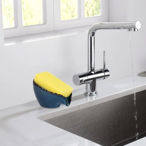 Vista 3 de Jabonera de cerámica, soporte para jabón autodrenante, fácil de limpiar, mantiene el jabón seco, jaboneras para baño, cocina, inodoro (azul)