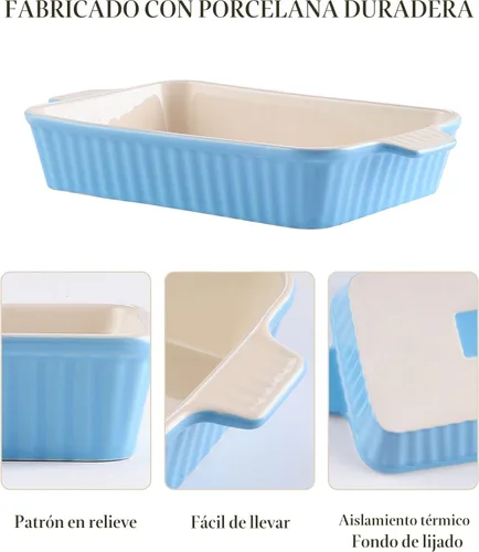Vista 3 de MALACASA Cacerola para horno, platos de cerámica para hornear, juegos de 4 platos de cerámica, sartenes rectangulares para lasaña profundas con asas
