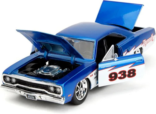 Vista 5 de Jada Big Time Muscle 1:24 1970 Plymouth Roadrunner - Auto fundido a presión, juguetes para niños y adultos (azul caramelo/blanco)