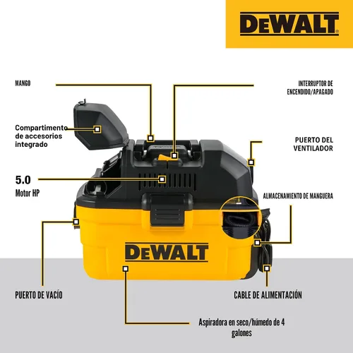 Vista 3 de DEWALT DXV04T - Aspiradora portátil para húmedo y seco de 4 galones, color amarillo