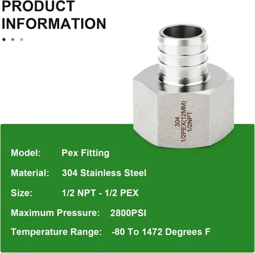 Vista 4 de 5 accesorios Pex de acero inoxidable 304, 1/2 pulgada Pex x 1/2 pulgada NPT hembra, 1/2 pulgadas Pex montaje con 5 abrazaderas de manguera