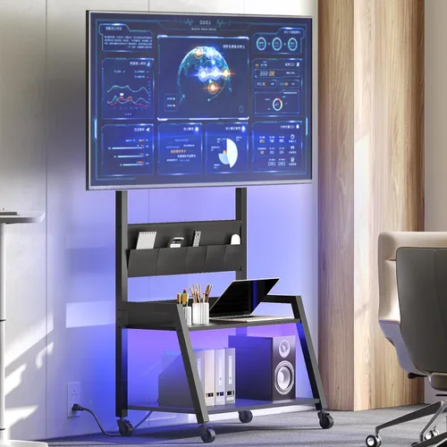 Vista 8 de YATINEY Soporte de TV móvil con toma de corriente, soporte de TV móvil con luz LED de hasta 55 pulgadas, carrito de TV con soporte, 5 bolsas de tela
