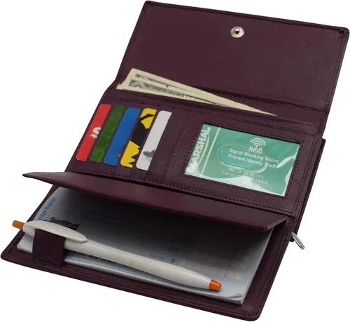 Vista 4 de Marshal Cartera de cuero genuino RFID para mujer, con cremallera alrededor del organizador de chequera para damas, Púrpura, Cartera con cremallera