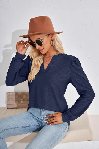 Vista 4 de Blusa casual de manga larga abombada con cuello en V para mujer