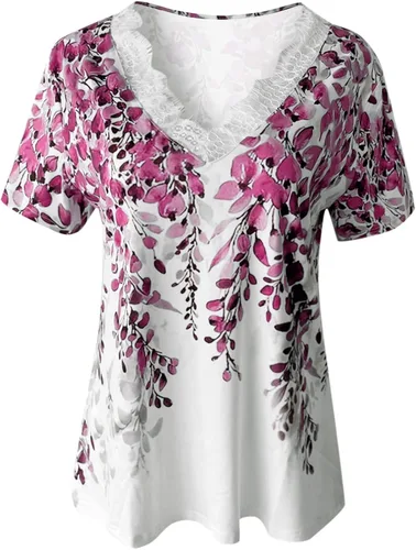 Vista 4 de Women Dry Fit Women Fashion Printing Shirts Lace V Neck Short Sleeve Tee Tops Tunic Blouse Yoga Tee