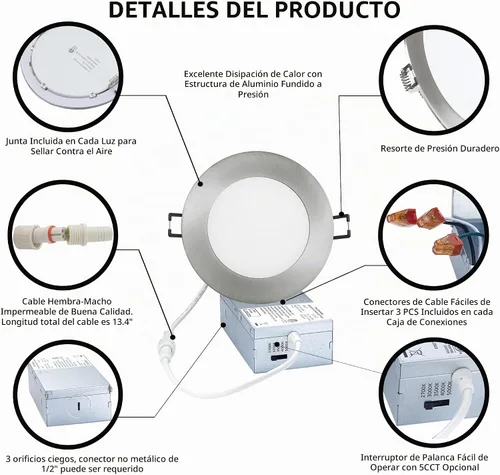 Vista 5 de POPANU Iluminación empotrable LED de alta calidad sin lata de 4 pulgadas, 5 CCT, ajustable, regulable, con caja de conexiones, luz de techo Níquel