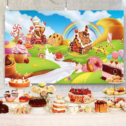 Vista 3 de Telón de fondo de caramelo de 5 x 3 pies de dibujos animados de caramelo arco iris dulce dona piruleta crema fotografía fondo bebé niñas fiesta