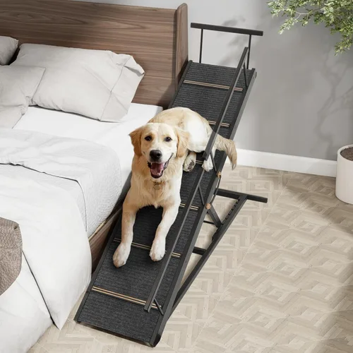 Vista 3 de Rampa para Mascotas Plegable Portátil de Madera para Perros y Gatos para Sofá o Cama, Incluye Alfombrilla Antideslizante y Rieles Laterales