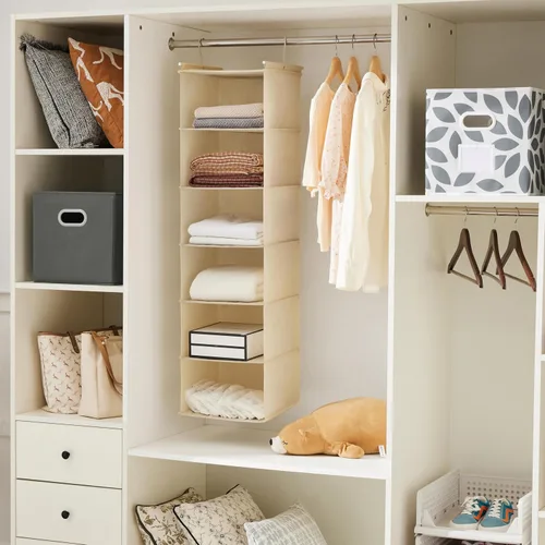 Vista 5 de MAX Houser Organizador colgante de armario de 6 niveles, estante colgante de tela con 2 ganchos resistentes para almacenamiento, plegable (beige)