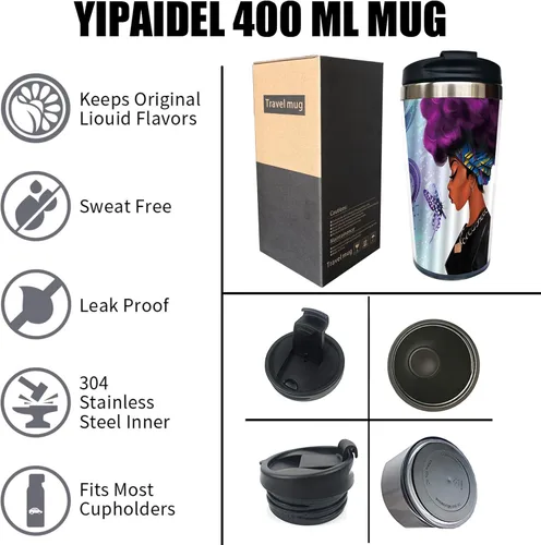 Vista 3 de Taza de café de viaje de 13 onzas para mujeres afroamericanas, taza de acero inoxidable con tapa, taza de viaje aislada al vacío de doble pared