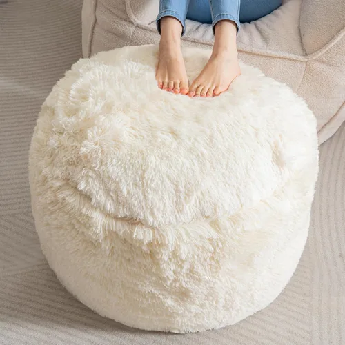 Vista 10 de HIGOGOGO Puf Otomán Redondo Relleno, Pufs Largos de Piel Sintética con Relleno de Trozos de Espuma, Puf Reposapiés Esponjoso y Peludo Otomán