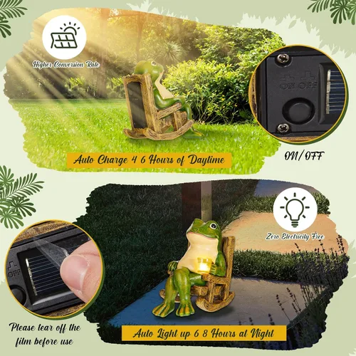 Vista 3 de Jetec Estatua de jardín de rana con energía solar en miniatura, decoración del día de la madre, regalos para decoración del hogar, accesorios