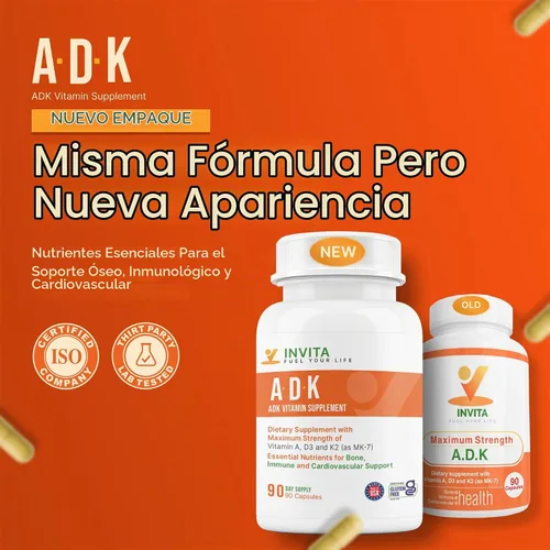 Vista 2 de INVITA, Suplemento vitamínico ADK – 90 cápsulas – Alta potencia de vitamina A, D3 5000 UI y K2-MK7 – Médico formulado para apoyo óseo, corazón e