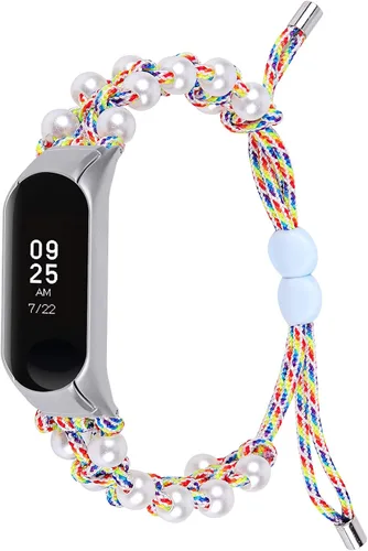 Vista 7 de Pulsera Compatible con Xiaomi Mi Band 5/4, KangPlus Mujer Chica Elegante Pulsera De Reemplazo Transpirable Ajustable Hecho A Mano De Imitación Negro