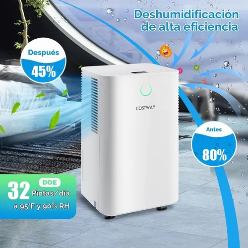 Vista 2 de COSTWAY Deshumidificador de 2,000 pies cuadrados para el hogar, deshumidificador de 32 pintas con 3 modos, 2 velocidades, panel de control táctil