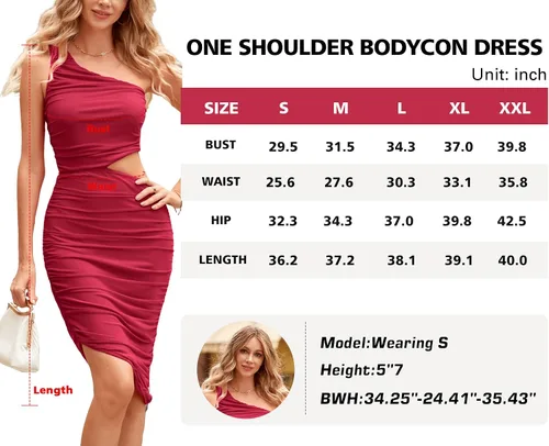 Vista 6 de MASCOMODA Women's 2023 Summer One Shoulder Sexy Bodycon Dress Sleeveless Cutout Ruched Midi Dress Party Cocktail Sun Dresses