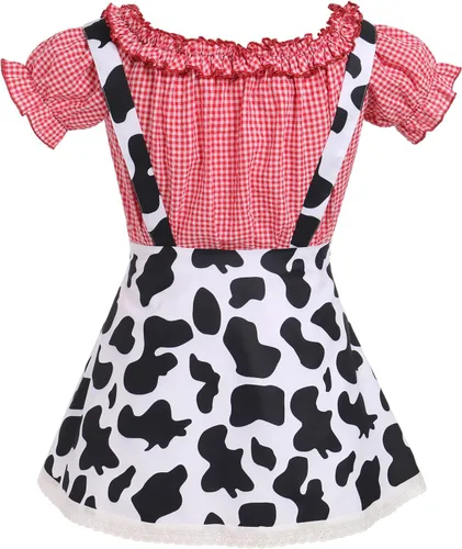 Vista 3 de IMEKIS Disfraz de vaquera occidental para mujer, disfraz de Halloween de vaca + vestido con estampado de vaca + diadema + corbatín para cosplay
