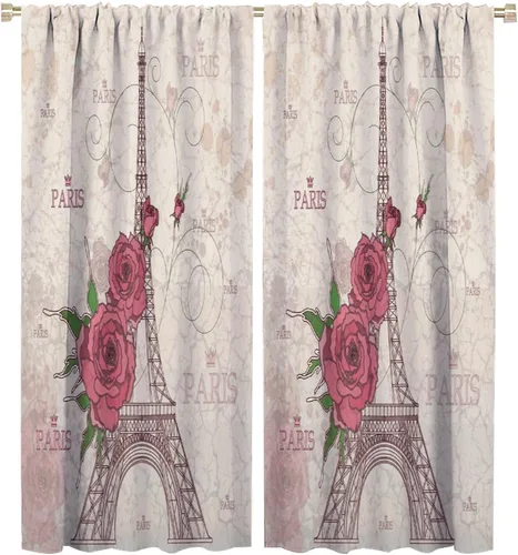 Vista 42 de Cortinas de la Torre Eiffel de París, pintura al óleo, flores moradas, torres de ciudad, con bolsillo para barra, cortinas de ventana