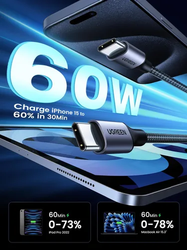 Vista 2 de UGREEN Cable USB C a USB C de 3.3 pies, 60 W, paquete de 2 cables USB C de nailon trenzado tipo C para iPhone 17/16, Galaxy S25/S24/S23, Pixel 10/9