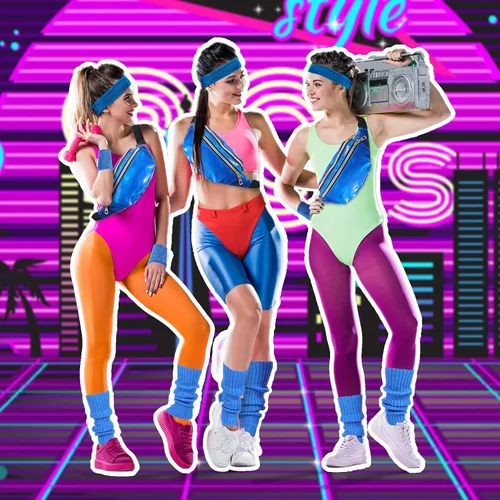 Vista 2 de SATINIOR Juego de calentadores de piernas de neón de los años 80 para mujer, cangurera holográfica, calentadores de piernas de punto, muñequeras