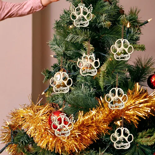 Vista 5 de Adorno de Navidad de pata de perro, adornos personalizados, copos de nieve cortados con láser para árbol de Navidad, adorno de pata de perro