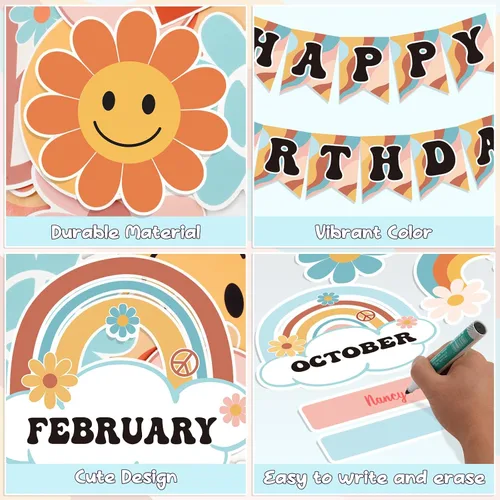 Vista 5 de Juego de 85 tableros de buletin retro para el aula, diseño de arcoíris Groovy, calendario con punta de pegamento para decoración de pared