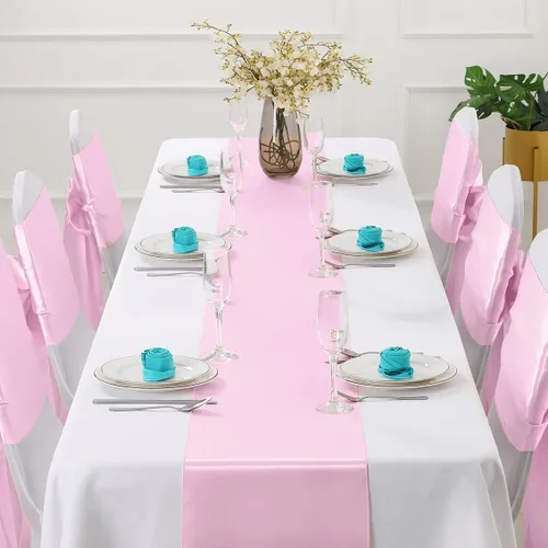 Vista 2 de Horbaunal Paquete de 12 caminos de mesa de satén rosa claro de 12 x 108 pulgadas, caminos de mesa lisos para banquetes de boda, fiesta de cumpleaños