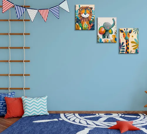 Vista 9 de 3 piezas de lienzo de animales de safari para guardería, arte de pared, lindo elefante acuarela, jirafa, león, decoración de pared, coloridos Póster