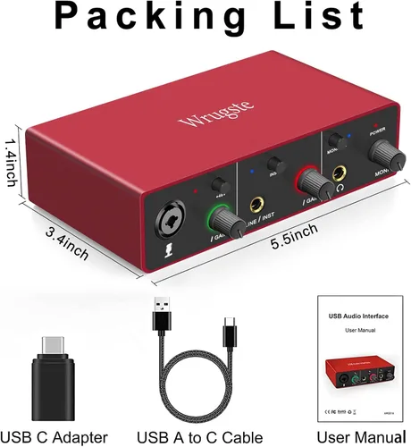 Vista 6 de Wrugste Interfaz de audio USB solo (24 bits/192 kHz)+alimentación fantasma de 48 V para grabación de computadora, podcasting y transmisión, Plug and
