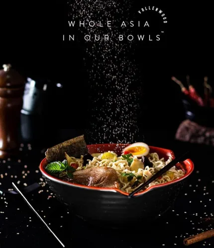 Vista 7 de Juego de 4 cuencos de ramen XL. 12 piezas Pho Bowls. Sopa japonesa asiática. Utensilio: cucharas y palillos. Melamina, grande 52 oz. Fideos, arroz
