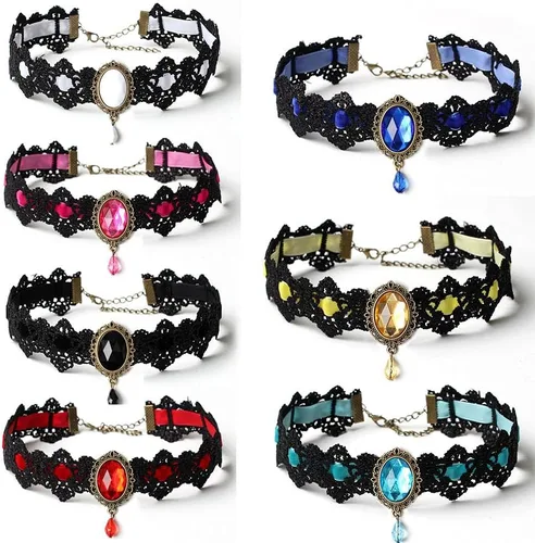 Vista 2 de Gargantilla de encaje gótico retro elegante y sexy, gargantilla de encaje negro con diamantes de imitación, joyería victoriana para mujeres y niñas