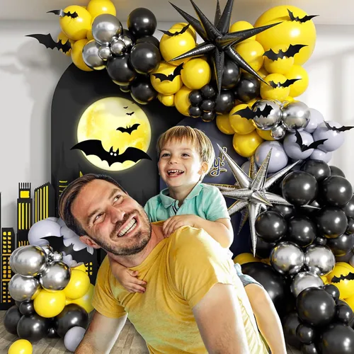 Vista 6 de Kit de arco de guirnalda de 133 piezas de globos negros, amarillos y plateados, arco de globos con tema de murciélago para hombre con globos