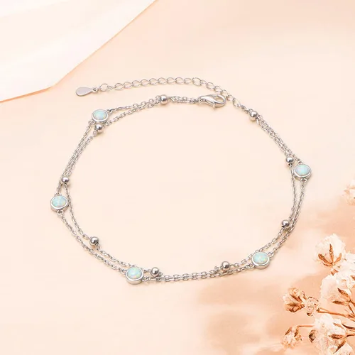 Vista 3 de FLYOW Tobillera para mujer de plata de ley S925 ajustable con cuentas de corazón con dije de corazón
