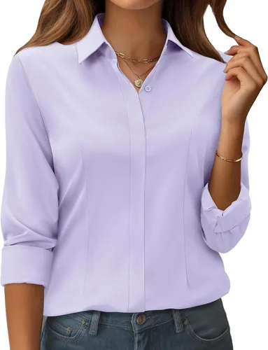 Vista 14 de siliteelon Camisas con botones para mujer: ajuste clásico, resistente a las manchas, manga larga, sin arrugas, oficina de negocios