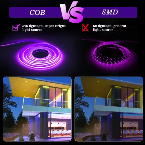 Vista 2 de Tira de Luz LED RGB COB 32.FT/10M (2 Rollos de 16.4FT/5M), Tira LED COB Ancho 10mm/5760 LEDs, Tira de Luz LED Cambiante de Color 24V con Control