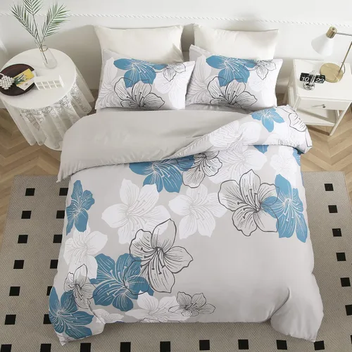 Vista 8 de DJY Juego de funda de edredón de 3 piezas, tamaño Queen, funda de edredón con patrón floral azul, elegante funda de edredón con 2 fundas de Flor azul
