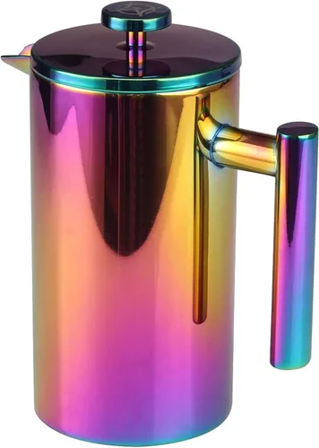 Vista 4 de Cafetera de prensa francesa – 1 o 2 tazas, pequeña cafetera de acero inoxidable, prensa francesa de doble pared, Arcoíris, 12oz/350ml