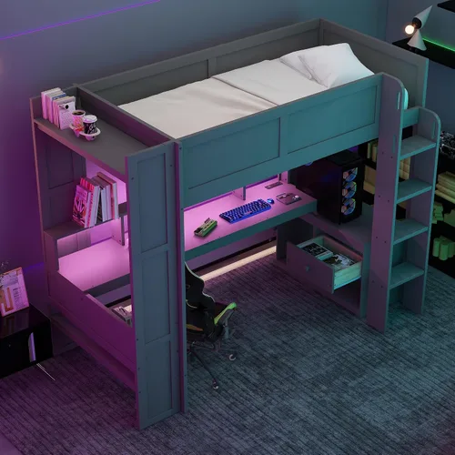 Vista 4 de Polibi Cama loft de tamaño individual para juegos con escritorio, LED y estación de carga, marco de cama loft de madera con estantes